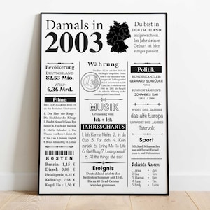 Impression d’art année 2003 | 22e anniversaire | Article de journal rétro | Cadeau d’affiche pour anniversaire, anniversaire | Décoration de fête