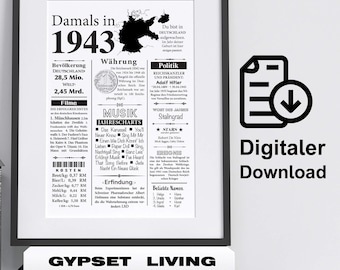 Kunstdruck 1943 | 81. Geburtstag | Jahreszahl Retro Zeitungsartikel | Plakat Geschenk Jubiläum | Digitaler Download | sofort ausdrucken