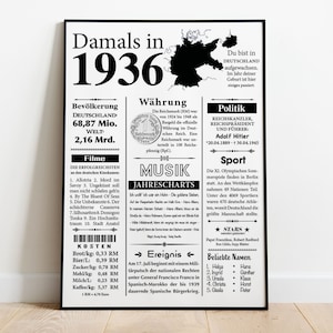 Kunstdruck 1936 Jahreszahl | 89. Geburtstag | Retro Zeitungsartikel | Plakat Geschenk zum Geburtstag, Jubiläum | Party Dekoration