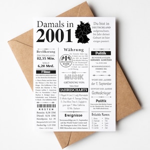 Postkarte 2001 Jahreszahl | 24. Geburtstag | Retro Zeitungsartikel | Geburtstagskarte Einladung, Geschenk, Jubiläum | Party Dekoration