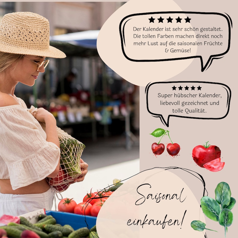 Puede incluir: Una mujer con un sombrero de paja y una camisa blanca est&aacute; comprando en un mercado de agricultores. Lleva una bolsa de malla llena de productos. El texto de la imagen dice "Saisonal einkaufen!" que significa "&iexcl;Comprar de temporada!" en alem&aacute;n.