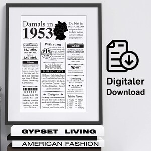 Peut inclure: Affiche imprimable en noir et blanc avec un design de style journal. L'affiche présente l'année 1953 et des titres sur les événements, la musique et la politique de cette année. L'affiche comprend également une carte de l'Allemagne.