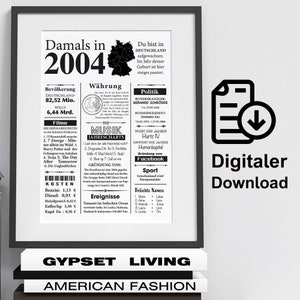 Könnte beinhalten: Ein schwarz-weißes, druckbares Poster im Zeitungsdesign. Das Poster zeigt eine Schlagzeile mit der Aufschrift "Damals in 2004" und enthält Informationen über Deutschland im Jahr 2004, wie z. B. die Bevölkerung, die Währung, die Politik, die Musik und beliebte Namen. Das Poster enthält auch eine Karte von Deutschland.
