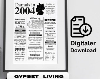 Art print 2004 | 20th birthday | Year Retro Newspaper Article | Poster gift anniversary | Digital Download | print out immediately