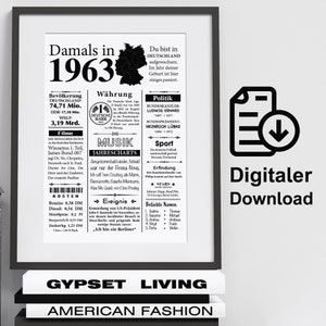 Art print 1963 year | 62nd birthday | Retro newspaper article | Poster gift anniversary | Digital download | print immediately