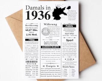 May include: A black and white newspaper-style card with the headline "Damals in 1936" and information about Germany in 1936, including population, currency, politics, music, sports, and events.