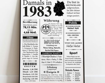 Kunstdruck 1983 | 41. Geburtstag | Jahreszahl Retro Zeitungsartikel | Plakat Geschenk zum Geburtstag, Jubiläum | Party Dekoration