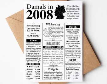 Postkarte 2008 | Jahreszahl Retro Zeitungsartikel | Geburtstagskarte Einladung, Geschenk, Jubiläum Hochzeit | Party Dekoration