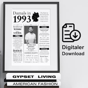Jahreszahl personalisierbar - Geburtsjahr Zeitungsartikel Bild Geburtsjahr, zum Geburtstag, Plakat, selbst ausdrucken!