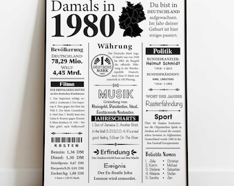 Kunstdruck 1980 | 44. Geburtstag | Jahreszahl Retro Zeitungsartikel | Plakat Geschenk zum Geburtstag, Jubiläum | Party Dekoration