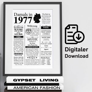 Könnte beinhalten: Ein schwarz-weißes, druckbares Poster im Zeitungsdesign. Das Poster zeigt das Jahr 1977 und enthält Informationen über Ereignisse, Musik, Politik und Sport aus diesem Jahr. Das Poster enthält auch eine Karte Deutschlands.