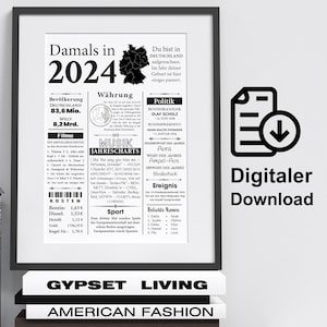 2024 | Jahreszahl als Zeitungsartikel | Plakat als Geschenk zum Baby Geburtstag | Jahrgang, Digital, sofort ausdrucken