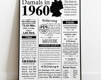 Kunstdruck 1960 | 64. Geburtstag | Jahreszahl Retro Zeitungsartikel | Plakat Geschenk zum Geburtstag, Jubiläum | Party Dekoration