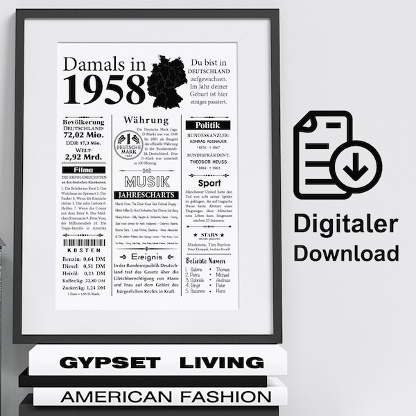 Tirage d’art 1958 | 66e anniversaire | Article de journal rétro de l’année | Affiche cadeau anniversaire | Téléchargement numérique | imprimer immédiatement