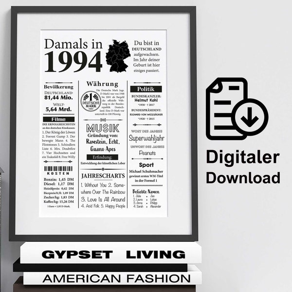 Kunstdruck 1994 | 30. Geburtstag | Jahreszahl Retro Zeitungsartikel | Plakat Geschenk Jubiläum | Digitaler Download | sofort ausdrucken