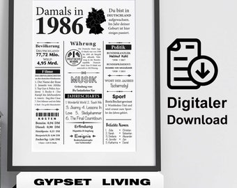 Affiche de l'année 1986 | Cadeau rétro pour un 40e anniversaire | Téléchargement numérique | Impression instantanée