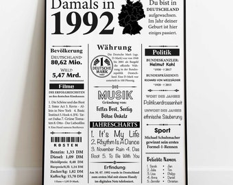 May include: A black and white newspaper-style poster with the headline "Damals in 1992" and information about the year 1992 in Germany, including population, currency, music, politics, sports, and popular names.