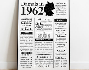 Kunstdruck 1962 | 62. Geburtstag | Jahreszahl Retro Zeitungsartikel | Plakat Geschenk zum Geburtstag, Jubiläum | Party Dekoration