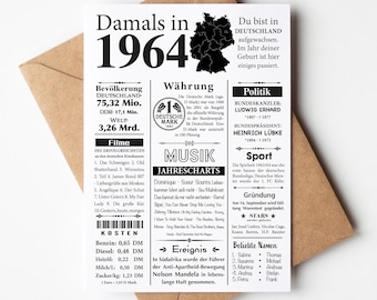 Ansichtkaart 1964 | 60e verjaardag | Jaar Retro Krantenartikel | Verjaardagskaartuitnodiging, cadeau, jubileum | Feestdecoratie