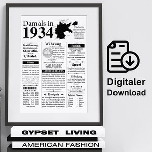 Art print 1934 90th birthday Year Retro Newspaper Article Poster gift anniversary Digital Download print out immediately image 1