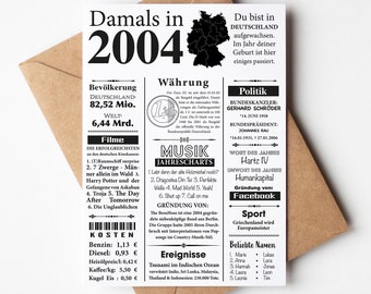 Postkarte 2004 | 20. Geburtstag | Jahreszahl Retro Zeitungsartikel | Geburtstagskarte Einladung, Geschenk, Jubiläum | Party Dekoration