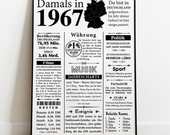 Kunstdruck 1967 | 57. Geburtstag | Jahreszahl Retro Zeitungsartikel | Plakat Geschenk zum Geburtstag, Jubiläum | Party Dekoration