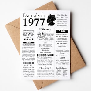 Postkarte 1977 Jahreszahl | 48. Geburtstag | Retro Zeitungsartikel | Geburtstagskarte Einladung, Geschenk, Jubiläum | Party Dekoration