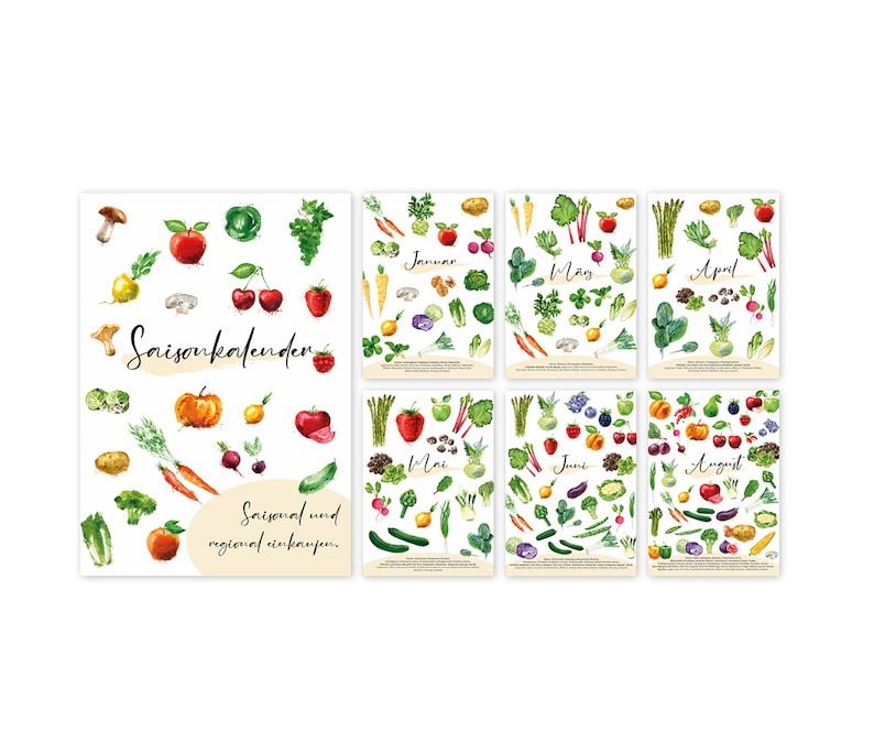 Puede incluir: Un calendario de temporada con ilustraciones de frutas y verduras para cada mes del a&ntilde;o. El calendario est&aacute; en alem&aacute;n e incluye el texto "Saisonkalender" y "Saisonal und regional einkaufen."