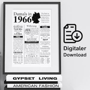 Affisch för de födda 1966 | Retroaffisch som present till en 60-årsdag | Digital nedladdning | Skriv ut direkt
