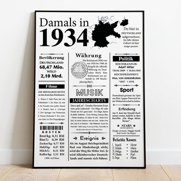 Kunstdruck 1934 | 90. Geburtstag | Jahreszahl Retro Zeitungsartikel | Plakat Geschenk zum Geburtstag, Jubiläum | Party Dekoration