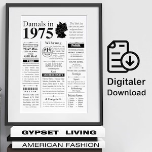 Impresión de arte año 1975 | 50 cumpleaños | Artículo de periódico retro | Aniversario del regalo del cartel | Descarga digital | imprimir inmediatamente