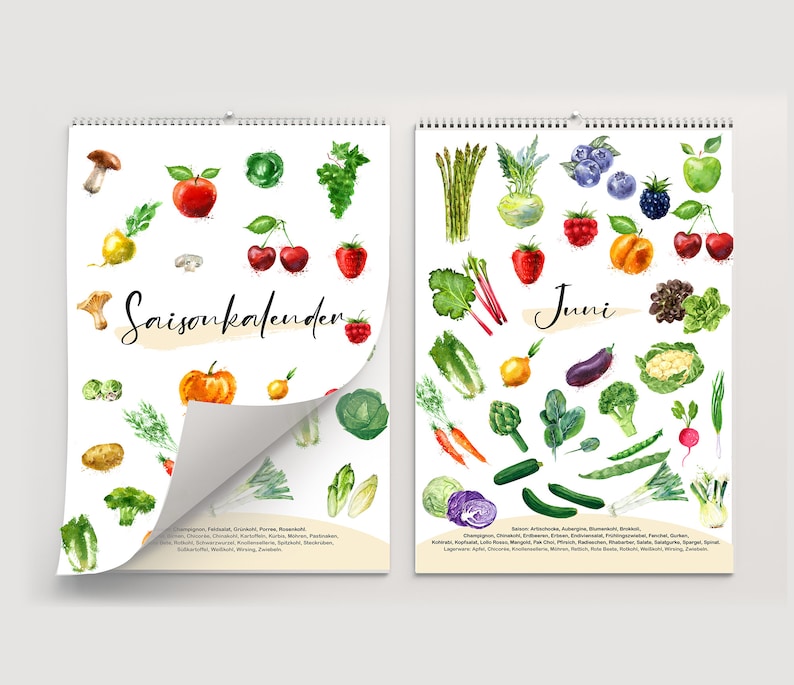 Puede incluir: Una ilustraci&oacute;n de acuarela de un calendario de temporada para el mes de junio. El calendario presenta una variedad de frutas y verduras, incluyendo fresas, esp&aacute;rragos y calabac&iacute;n. El texto "Saisonkalender" y "Juni" est&aacute; escrito en alem&aacute;n.