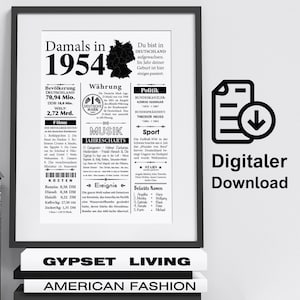 Kunstdruck 1954 Jahreszahl | 71. Geburtstag | Retro Zeitungsartikel | Plakat Geschenk Jubiläum | Digitaler Download | sofort ausdrucken