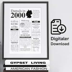 Art print 2000 year | 25th birthday | Retro newspaper article | Poster gift anniversary | Digital download | print immediately