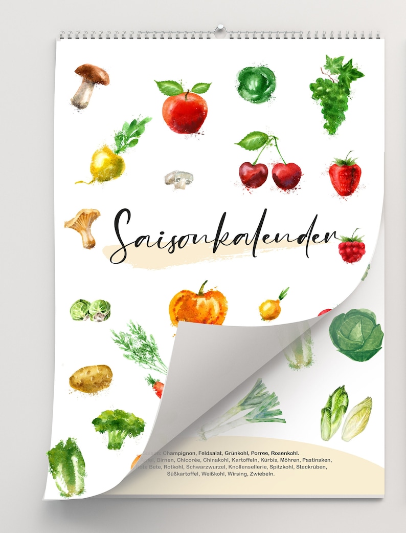 Puede incluir: Una ilustraci&oacute;n de acuarela de un calendario de temporada con una variedad de frutas y verduras. El calendario se titula "Saisonkalender" y enumera los meses del a&ntilde;o. Las frutas y verduras est&aacute;n pintadas en un estilo realista e incluyen manzanas, peras, uvas, cerezas, fresas, champi&ntilde;ones, zanahorias, patatas, cebollas, br&oacute;coli y m&aacute;s.