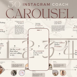 Può includere: Un modello di progettazione grafica beige e marrone per Instagram con un mockup di telefono e testo che recita "50 Instagram Coach Carousel" e "Insta Marketing". Il modello include suggerimenti per far crescere un account Instagram, come "3 modi per sviluppare la tua strategia", "Come farsi notare in un mondo frenetico?", "Fai il lavoro che gli altri non sono disposti a fare", "Sii coerente nel lavoro che fai", "Consegna più di quanto promesso", "Migliora ogni volta che ne hai l'opportunità", "Vuoi più risorse?", "Crea contenuti di valore che le persone ameranno", "Ottimizza il tuo profilo per l'engagement", "Definisci i tuoi obiettivi e il tuo scopo sulla piattaforma", e "Non fidarti solo della nostra parola. Cosa dice la gente?"