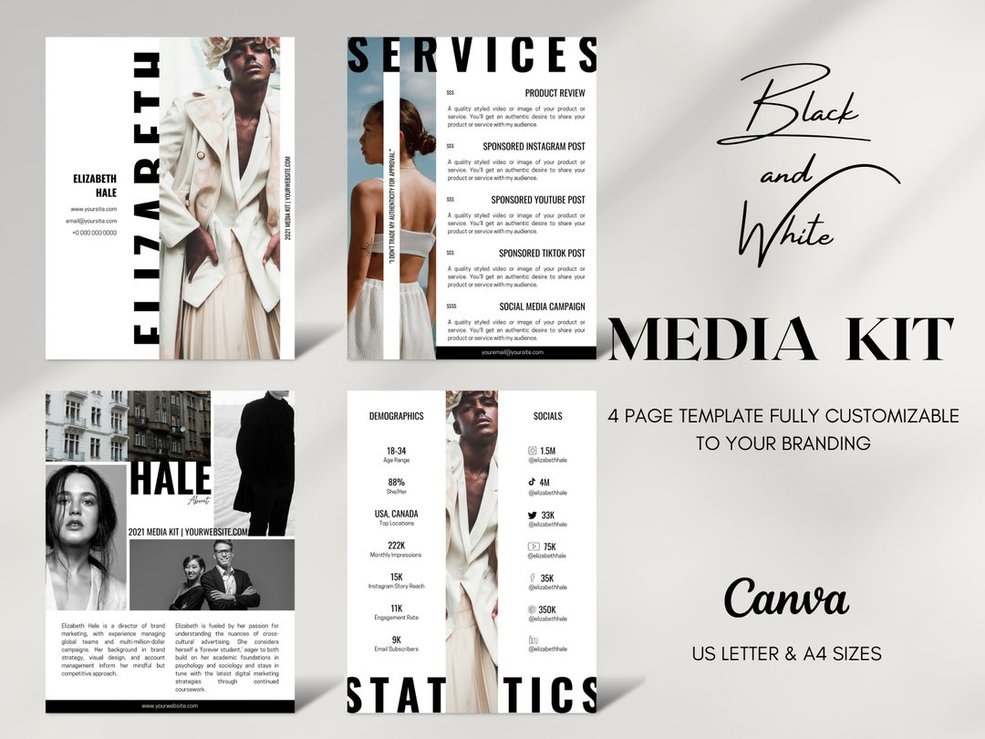 Influencer Media Kit Template: Black and White Canva Design (4 Page) - Etsy