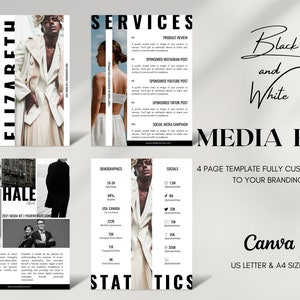 4 Page Influencer Media Kit Template | Blog Media Kit | Rate Sheet | Black and White Canva Template