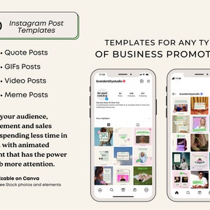 May include: A phone screen displaying 30 Instagram post templates for business promotion. The templates are organized in a grid format and feature various designs and colors. The text "Grow your audience, engagement and sales while spending less time in Canva with animated content that has the power to grab more attention." is displayed on the left side of the image.