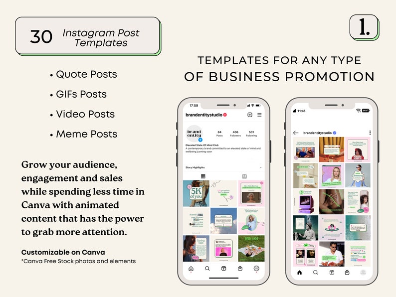 May include: A phone screen displaying 30 Instagram post templates for business promotion. The templates are organized in a grid format and feature various designs and colors. The text "Grow your audience, engagement and sales while spending less time in Canva with animated content that has the power to grab more attention." is displayed on the left side of the image.