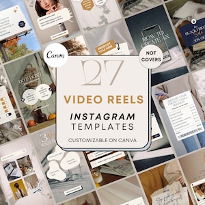 Könnte beinhalten: Eine Collage von 27 Instagram-Video-Reel-Vorlagen, anpassbar auf Canva. Die Vorlagen zeigen verschiedene Designs, darunter To-Do-Listen, Produktwerbung und Veranstaltungsankündigungen. Die Farbpalette ist warm, mit Beige-, Braun- und Orangetönen.