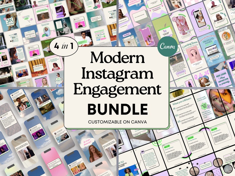 May include: A collection of 4 in 1 modern Instagram engagement templates, customizable on Canva. The templates feature a variety of colors and designs, including pink, green, and purple. The text on the templates includes "Modern Instagram Engagement Bundle", "Customizable on Canva", and "Coming Soon".