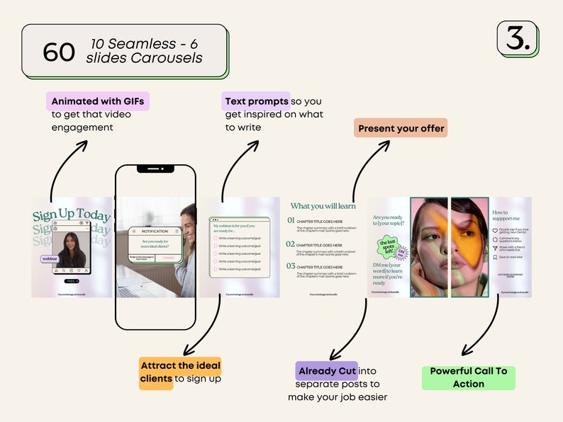 May include: A graphic with a phone screen showing a social media post with the text "Sign Up Today". The graphic also includes text prompts for creating social media carousels, including "Animated with GIFs to get that video engagement", "Text prompts so you get inspired on what to write", "Present your offer", "Attract the ideal clients to sign up", "Already Cut into separate posts to make your job easier", and "Powerful Call To Action".