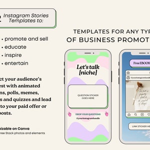 May include: Two Instagram story templates for business promotion. The first template features a pink and green background with the text "Let's talk [niche]" and a question sticker. The second template features a blue sky background with a free ebook download button and a link sticker.