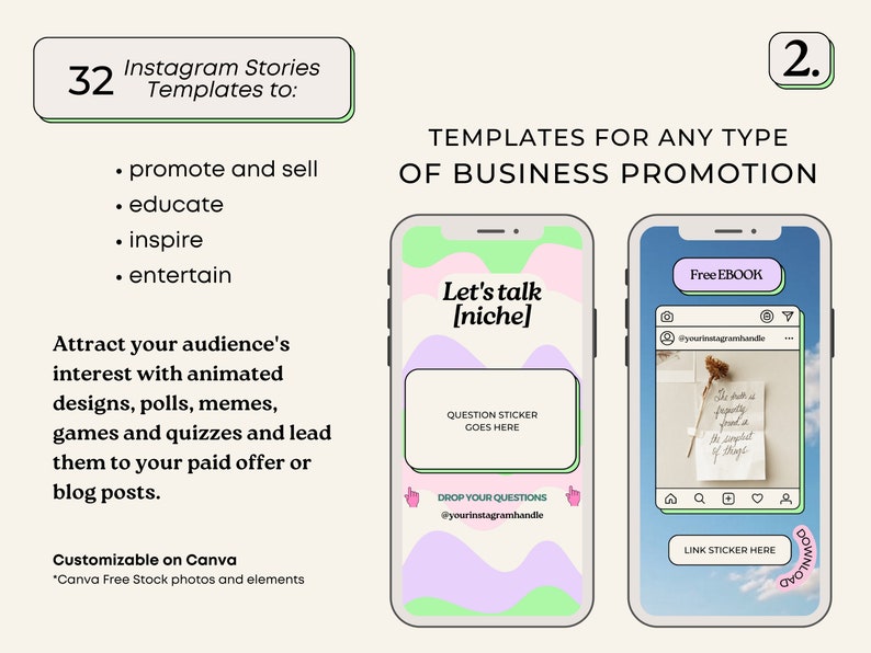 May include: Two Instagram story templates for business promotion. The first template features a pink and green background with the text "Let's talk [niche]" and a question sticker. The second template features a blue sky background with a free ebook download button and a link sticker.