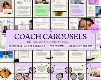 May include: A collage of 60 Instagram templates for Canva, featuring a purple and green color scheme with a variety of text prompts and engagement boosters. The templates are designed for coaches and include text boxes, images, and graphics.