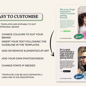 May include: Two Instagram post templates with a pink and green color scheme. The templates feature a photo of a person and text that says "She was a huge inspiration when I was just getting started..." and "He is a great Coach and was a huge inspiration when I was just getting started..." The text includes a call to action to "Check it out" and includes the Instagram handle "@yourinstagramhandle".