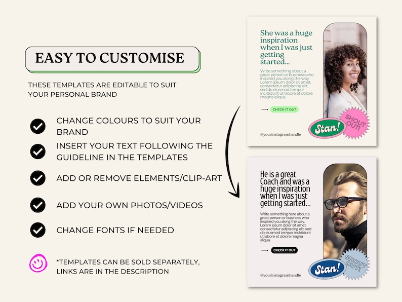 May include: Two Instagram post templates with a pink and green color scheme. The templates feature a photo of a person and text that says "She was a huge inspiration when I was just getting started..." and "He is a great Coach and was a huge inspiration when I was just getting started..." The text includes a call to action to "Check it out" and includes the Instagram handle "@yourinstagramhandle".