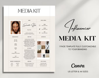 1 Page Media Kit for Influencer | Blogger Minimalist Media Kit Template Canva