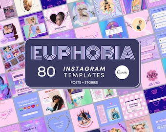 Euphoria Aesthetic 80 Instagram Templates, Retro Canva Templates,Business Instagram Post Templates,Story, Editable Social Media Templates